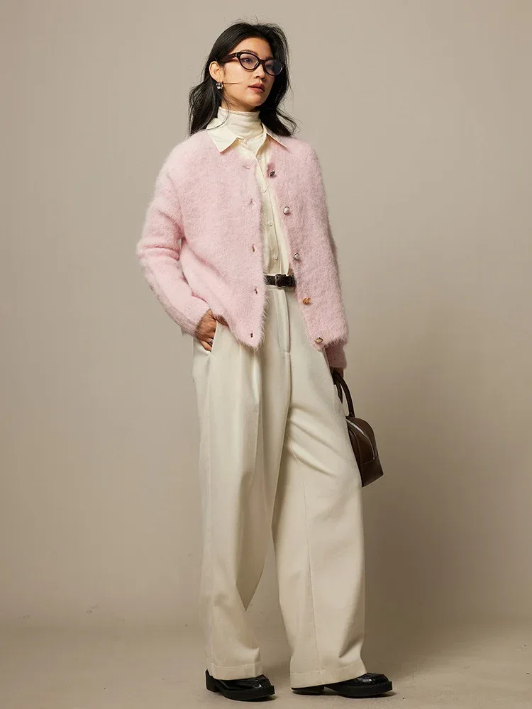 SuyaDream, Women Cardigans, 78%Alpaca, O Neck, Single breasted Solid Sweaters, 2025 Fall Winter Warm Jackets, White, Grey, Pink - Image 6