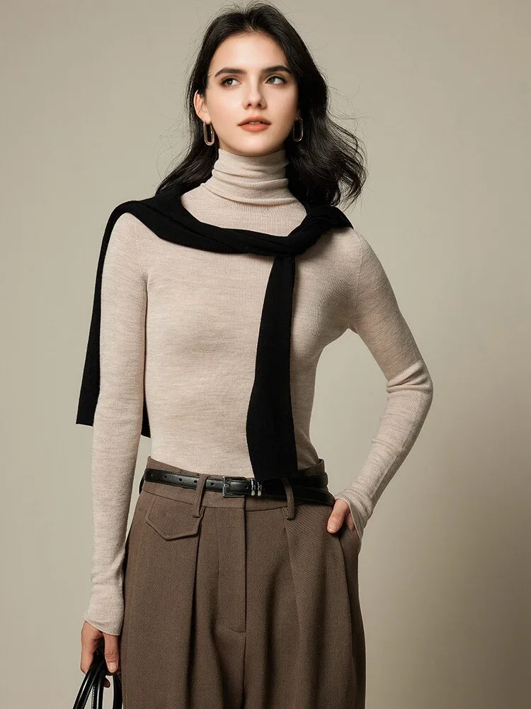 SuyaDream, Women Turtleneck Pullovers, 100%Merino Wool, High Collar, Whole Garment Sweaters, 2025 Fall Winter Slim Warm Top - Image 5
