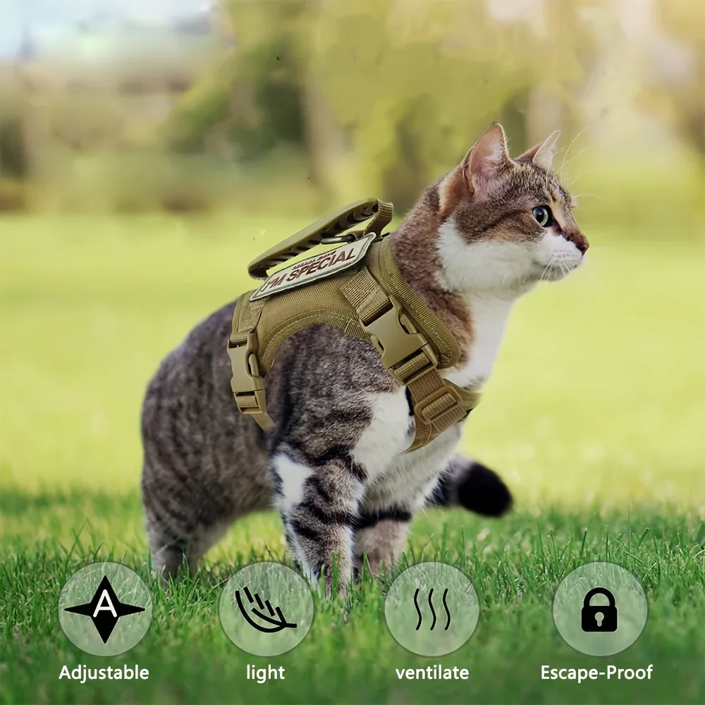 Tactical Cat Vest with Adjustable Straps & Red Cross Patch - Durable 600D Nylon Chest Harness for Small Dogs & Cats, Secure Leash Attachment, Ergonomic Design for Training & Outdoor Adventures, Cat Vest Harness, Adventure Pet - Image 2