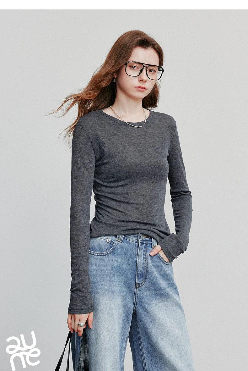 TOYOUTH Women T-shirt 2025 Autumn New Slanted Hem Lyocell Wool Slim Fit Long Sleeve Base Tops - Image 21
