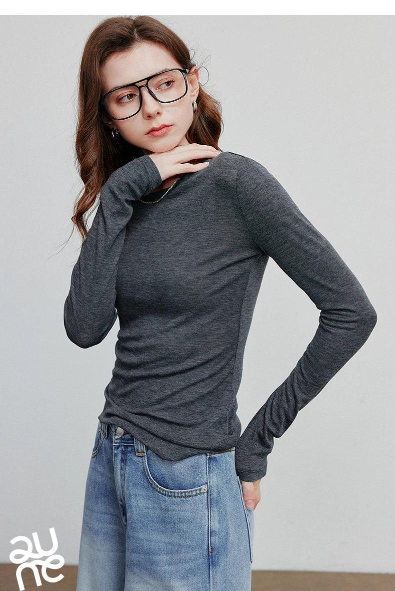 TOYOUTH Women T-shirt 2025 Autumn New Slanted Hem Lyocell Wool Slim Fit Long Sleeve Base Tops - Image 22