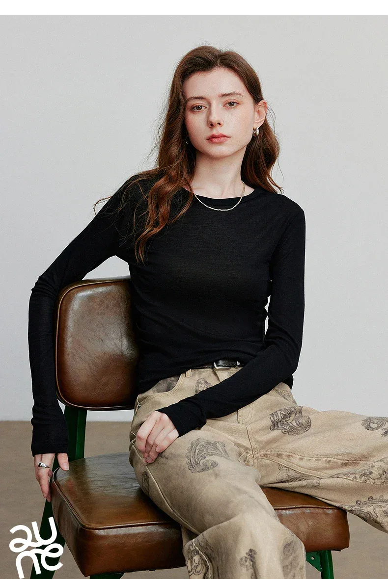 TOYOUTH Women T-shirt 2025 Autumn New Slanted Hem Lyocell Wool Slim Fit Long Sleeve Base Tops - Image 27