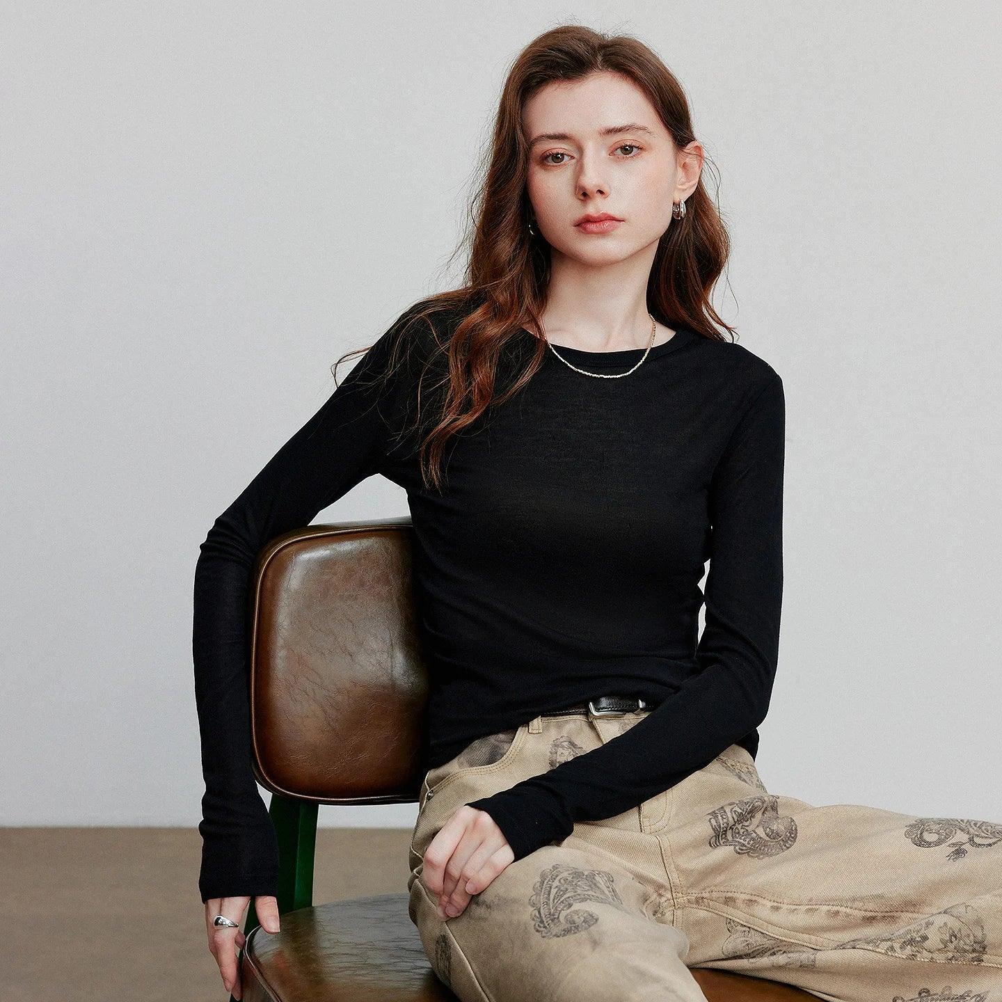 TOYOUTH Women T-shirt 2025 Autumn New Slanted Hem Lyocell Wool Slim Fit Long Sleeve Base Tops - Image 3
