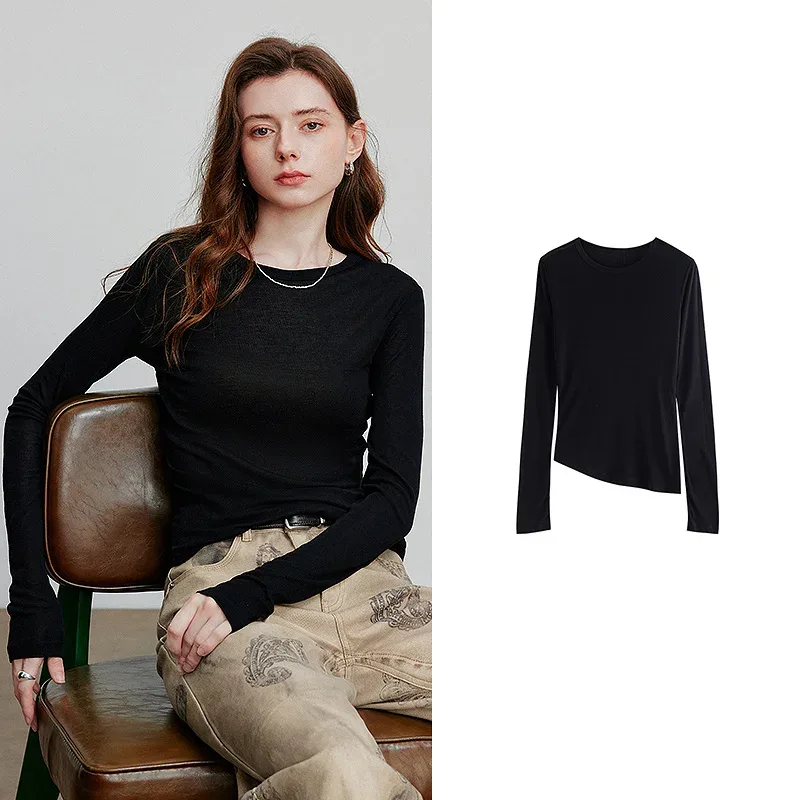TOYOUTH Women T-shirt 2025 Autumn New Slanted Hem Lyocell Wool Slim Fit Long Sleeve Base Tops - Image 44