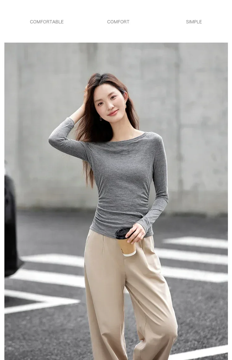 VIMLY Tops Woman 2025 Autumn French Slash Neck Long Sleeve Ladies T-shirts Casual Knitted Slim Fit Strecth Female Tees A3039 - Image 42