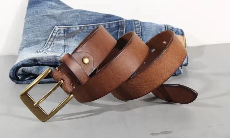 Vintage Luxury Handmade Leather Copper Buckle Man's Belt Cinturon Gotico Cowhide Retro All-match Casual Jeans Soft Belt ABC - Image 14