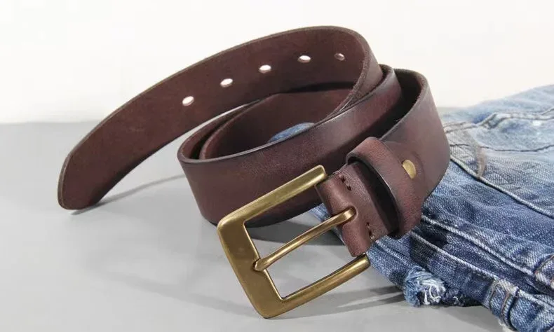 Vintage Luxury Handmade Leather Copper Buckle Man's Belt Cinturon Gotico Cowhide Retro All-match Casual Jeans Soft Belt ABC - Image 19