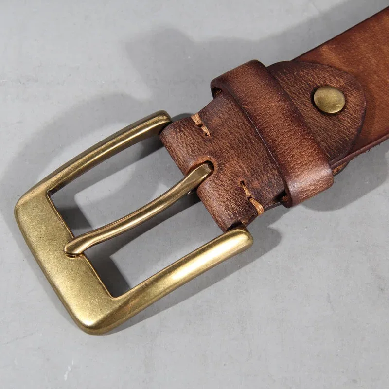 Vintage Luxury Handmade Leather Copper Buckle Man's Belt Cinturon Gotico Cowhide Retro All-match Casual Jeans Soft Belt ABC - Image 2