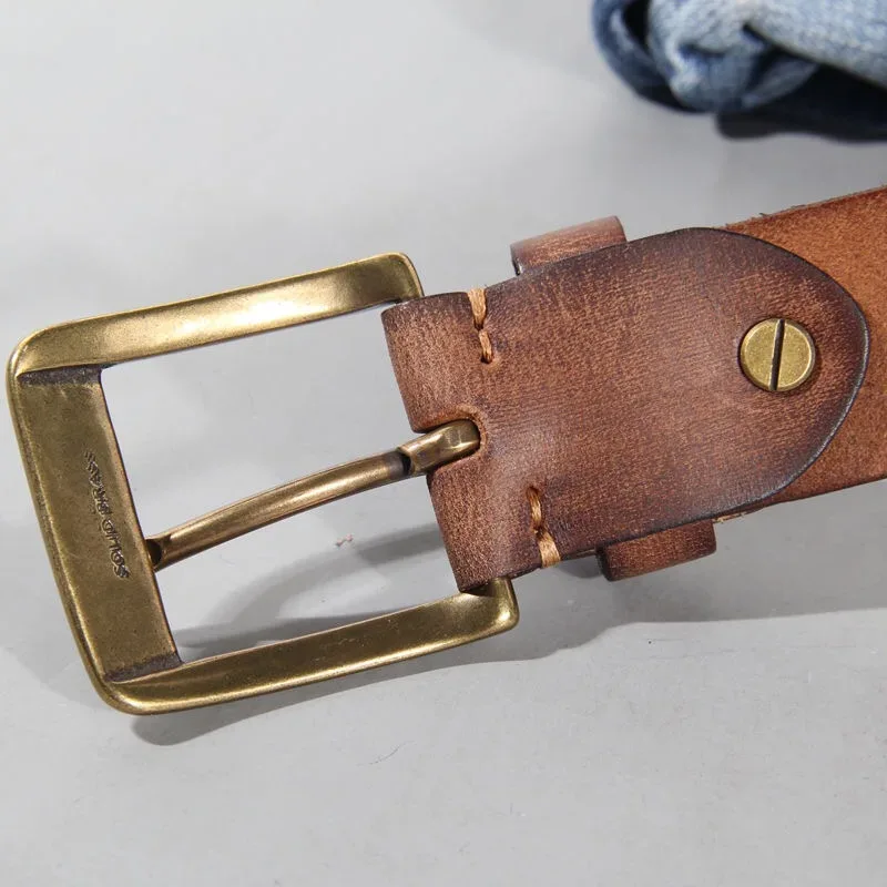 Vintage Luxury Handmade Leather Copper Buckle Man's Belt Cinturon Gotico Cowhide Retro All-match Casual Jeans Soft Belt ABC - Image 3