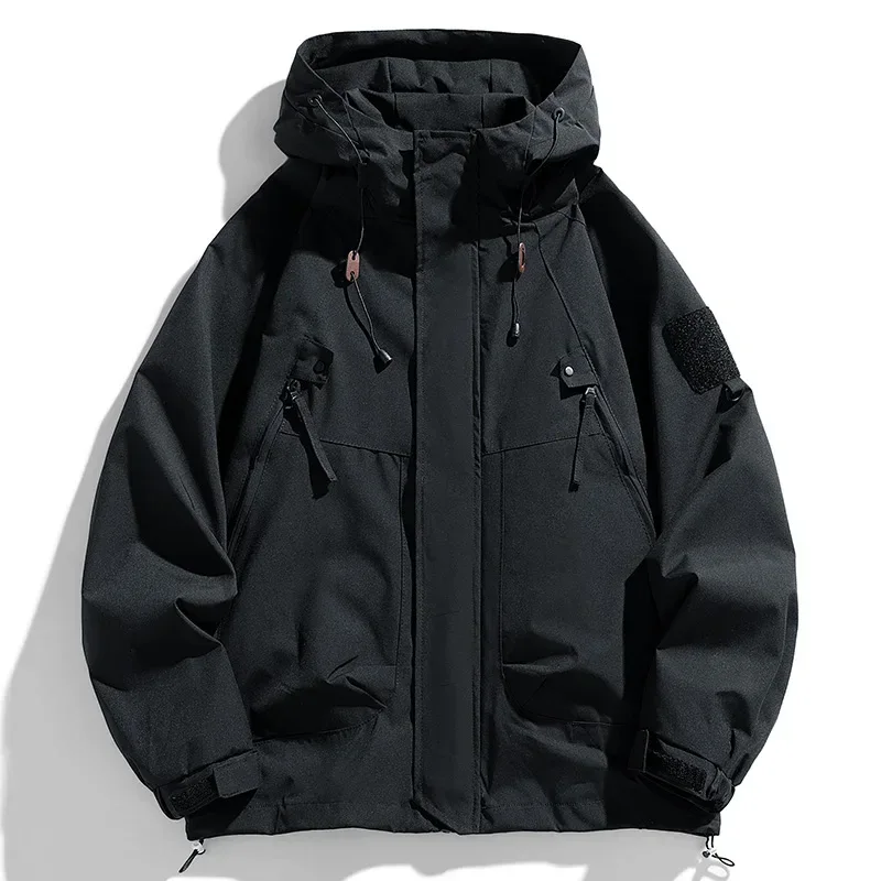 Windbreakers Men Hooded Jacket Zipper Coat Cargo Waterproof Black Bomber Camping Loose Thin Softshell Hooded Hiking Jacket - Image 4