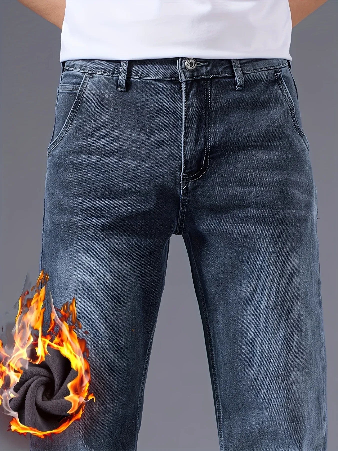 Winter New Arrival Fleece-Lined Thickened Minimalist Stretch blue trousers, long pants - Image 14