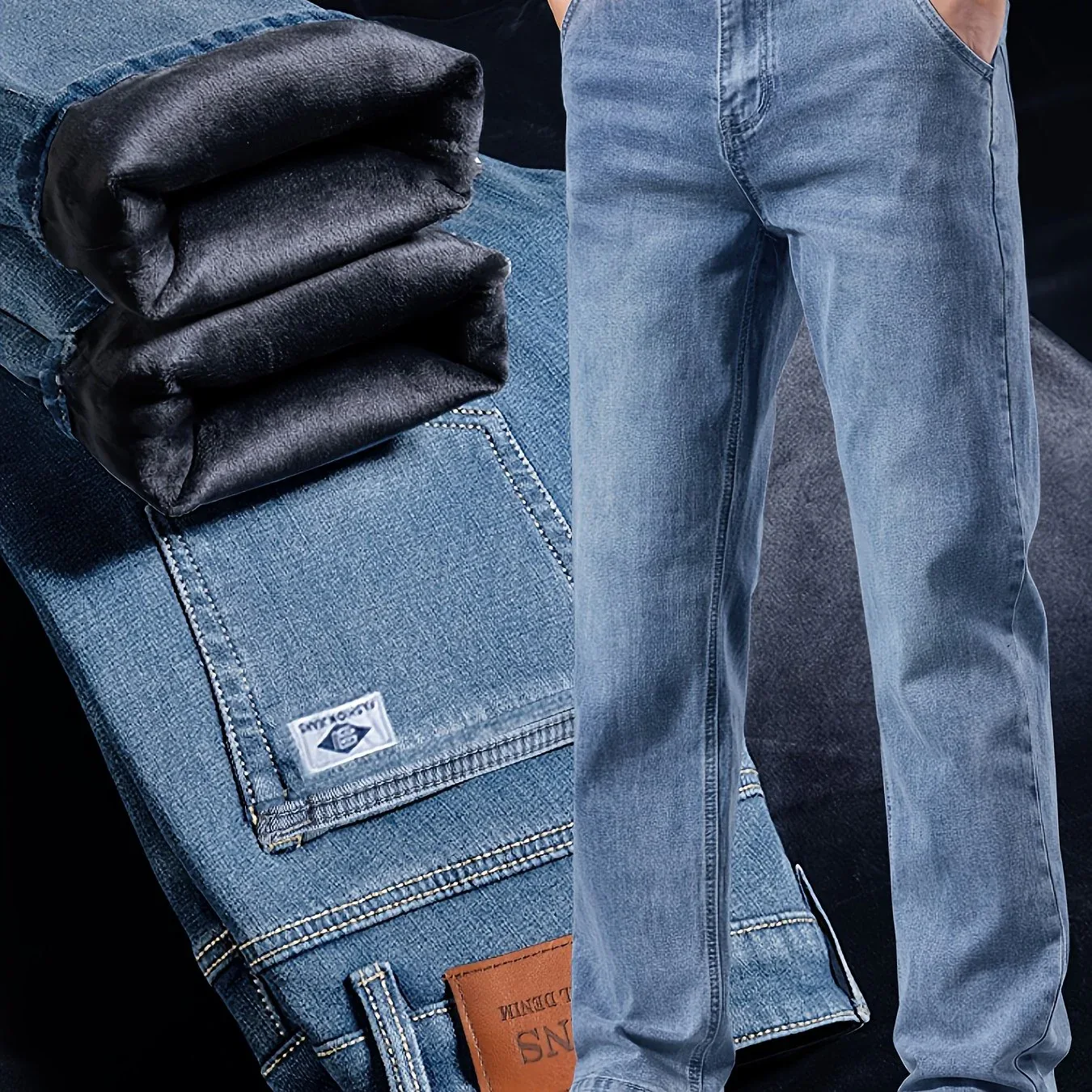 Winter New Arrival Fleece-Lined Thickened Minimalist Stretch blue trousers, long pants - Image 18