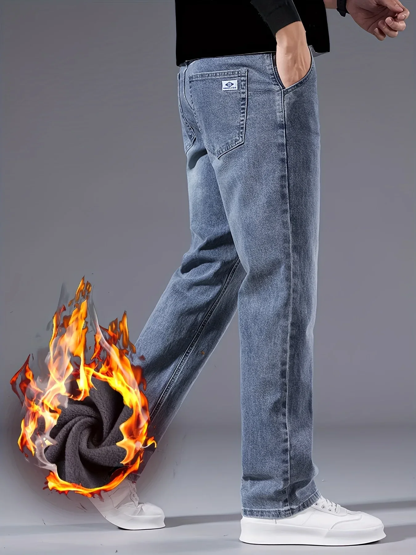 Winter New Arrival Fleece-Lined Thickened Minimalist Stretch blue trousers, long pants - Image 6