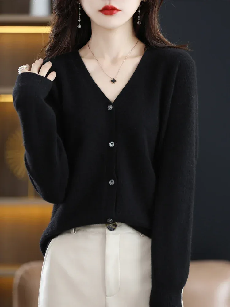Women Cardigans V-neck Long Sleeve Knitted Outerwear Solid Thin Spring Autumn Sweaters Knitwears Korean Fashion Red Cardigans - Image 17