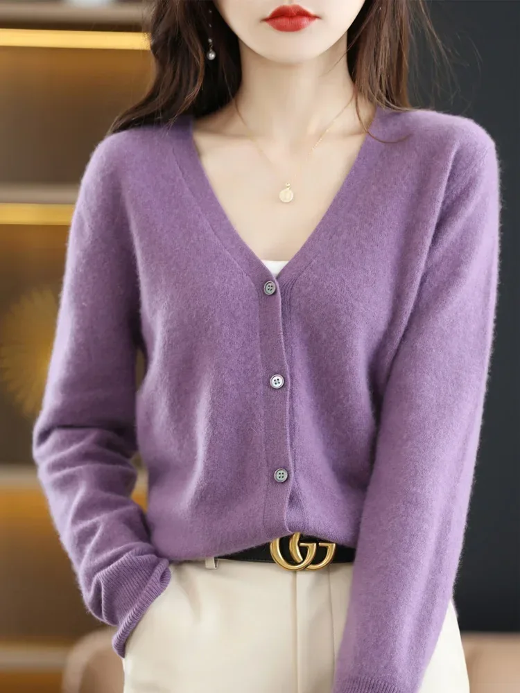 Women Cardigans V-neck Long Sleeve Knitted Outerwear Solid Thin Spring Autumn Sweaters Knitwears Korean Fashion Red Cardigans - Image 32