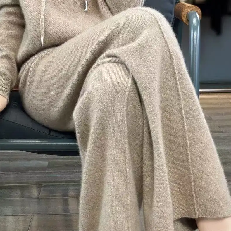 Women Merino Wool Knitted Wide Leg Pants Autumn Winter Basic Soft Warm Cashmere Knit Trousers Casual Simple Style Korean - Image 11