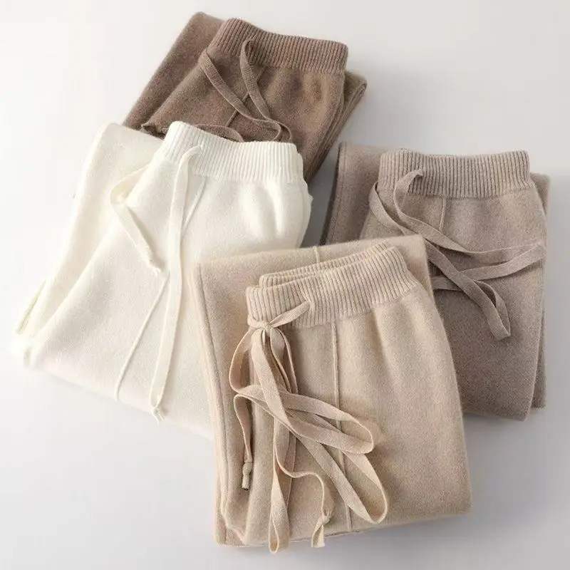 Women Merino Wool Knitted Wide Leg Pants Autumn Winter Basic Soft Warm Cashmere Knit Trousers Casual Simple Style Korean - Image 5