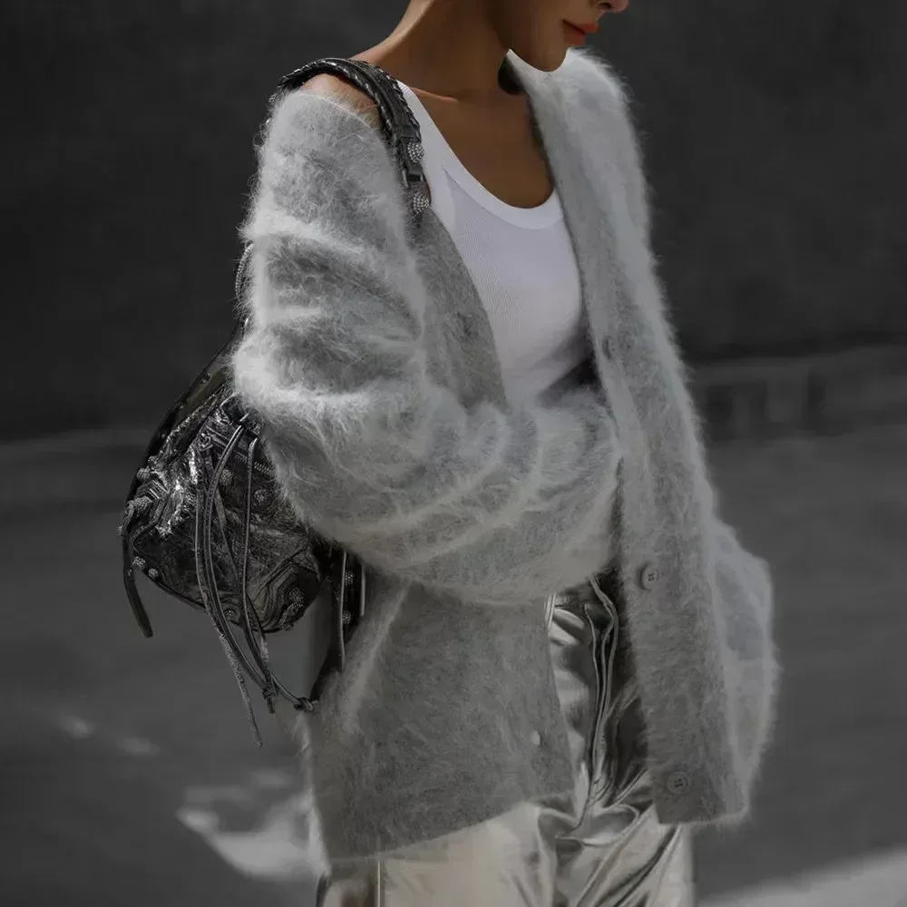 Women's Cardigans Korean Fashion V-neck Sweater Coat Long Sleeve Oversized Sweater Female Buttons Solid Knitted Jacket Women - Image 3