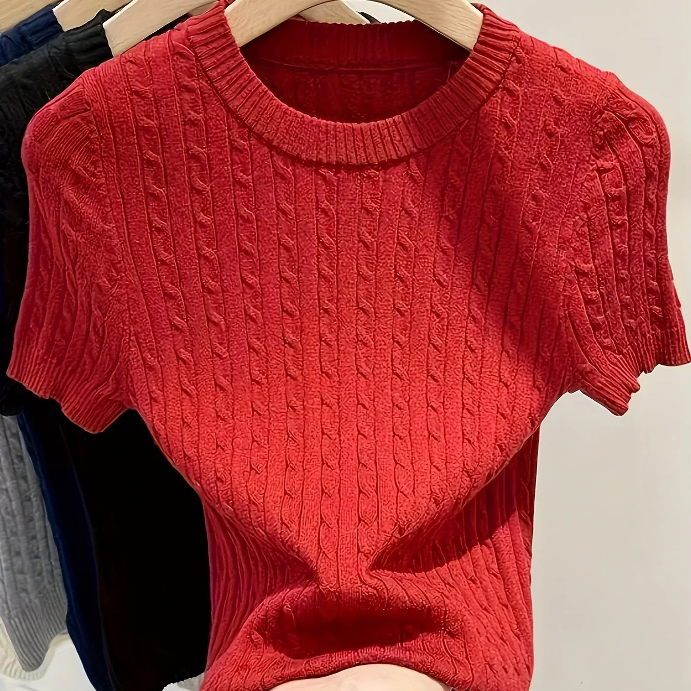 Cable Knit Short Sleeve Sweater - Image 2