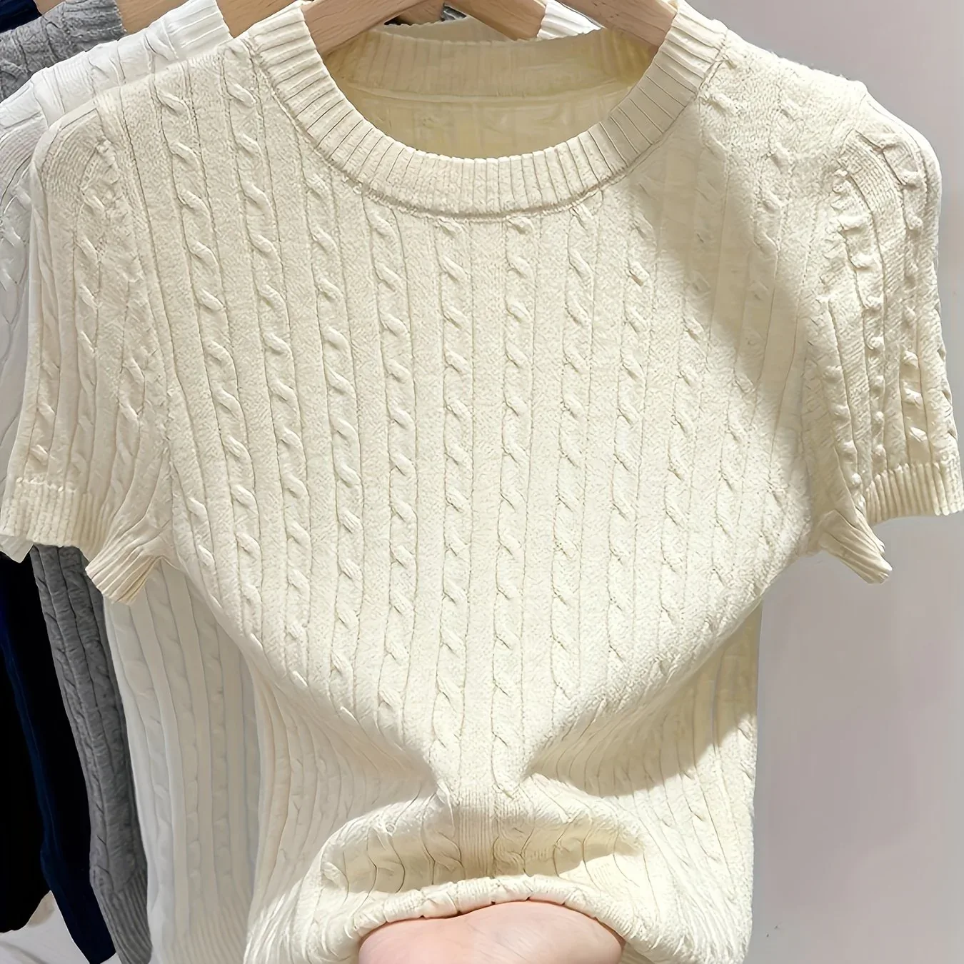 Cable Knit Short Sleeve Sweater - Image 3