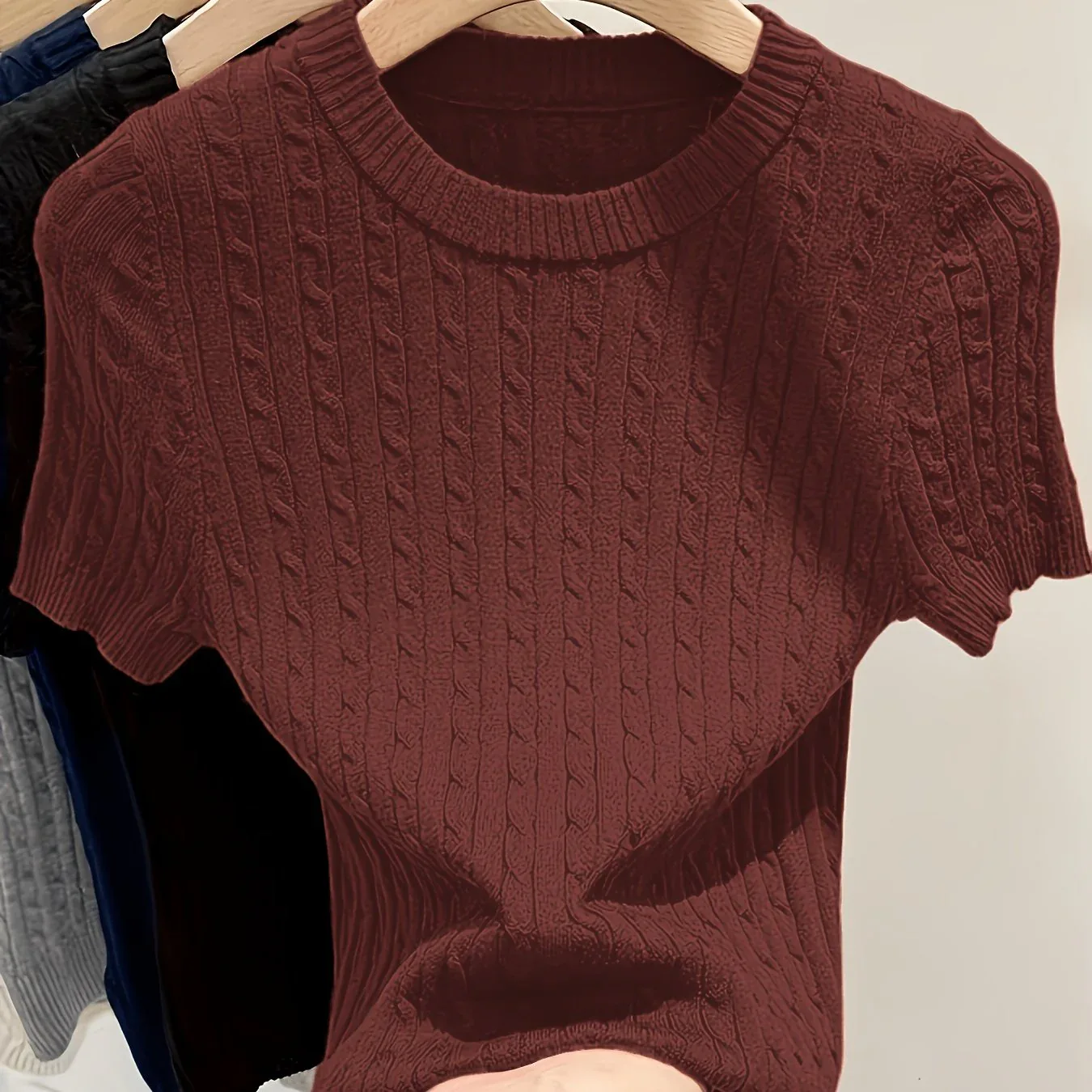 Cable Knit Short Sleeve Sweater - Image 44