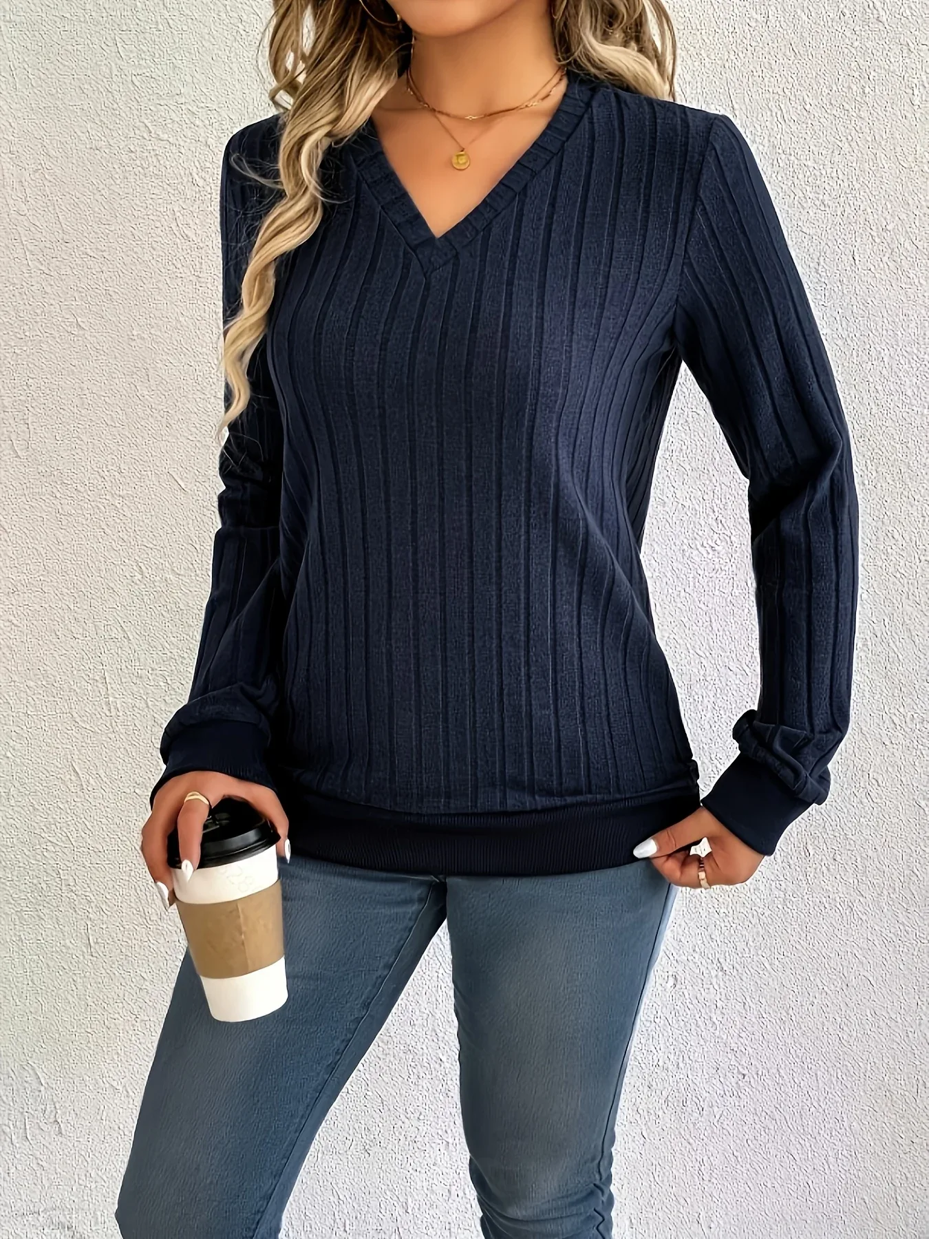 Women'S Cozy V-Neck Long Sleeve Sweater - Olive Green Ribbed, Loose Fit, Casual Style, Perfect for Fall/Winter, Casual Winter Wear|Vneck Sweater|Ribbed Texture - Image 14
