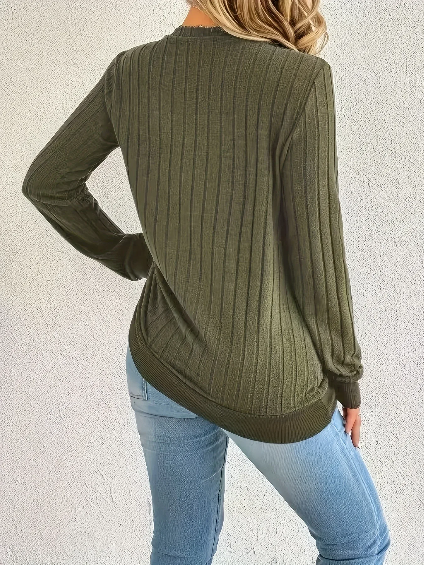 Women'S Cozy V-Neck Long Sleeve Sweater - Olive Green Ribbed, Loose Fit, Casual Style, Perfect for Fall/Winter, Casual Winter Wear|Vneck Sweater|Ribbed Texture - Image 15