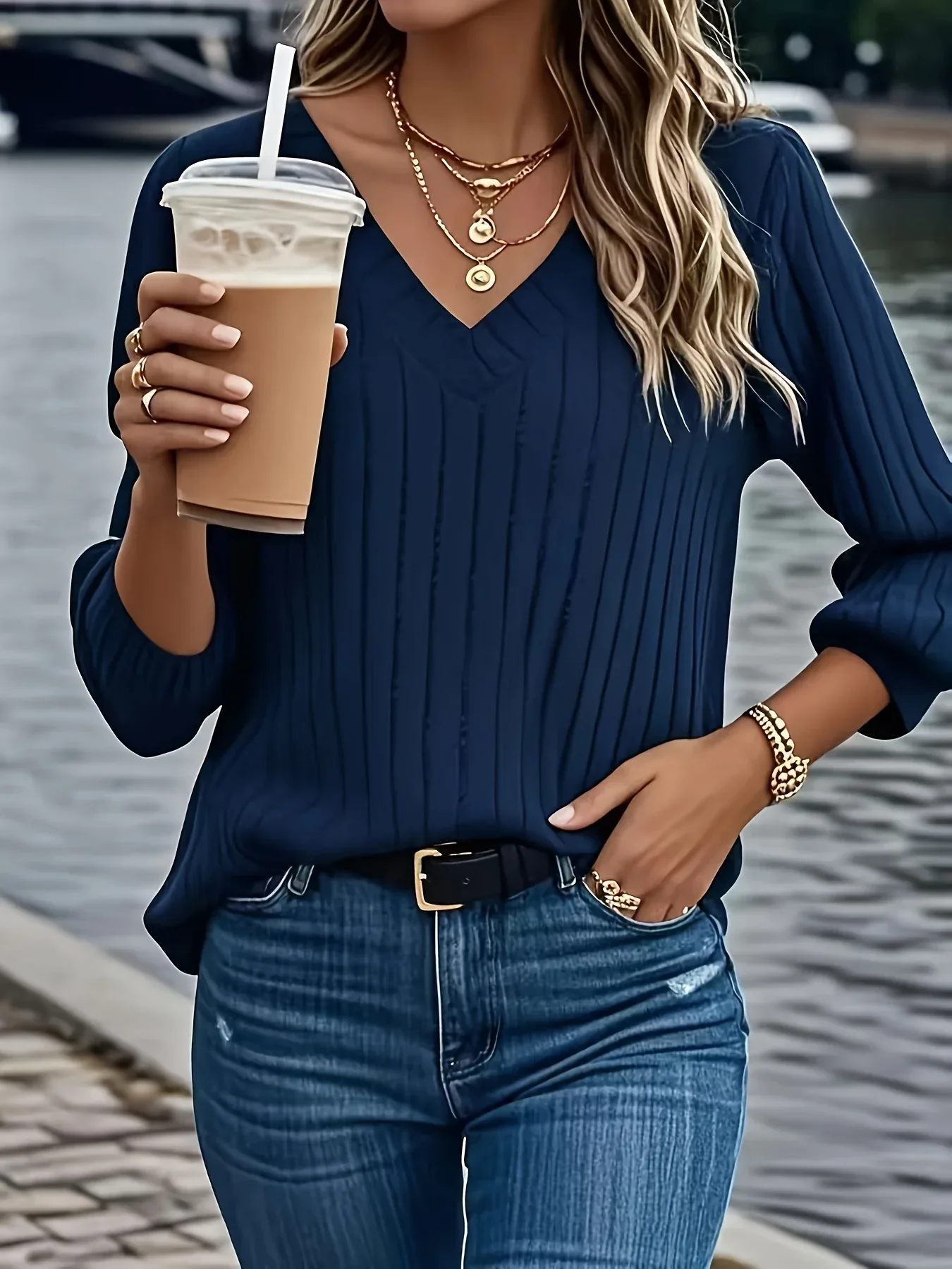 Women'S Cozy V-Neck Long Sleeve Sweater - Olive Green Ribbed, Loose Fit, Casual Style, Perfect for Fall/Winter, Casual Winter Wear|Vneck Sweater|Ribbed Texture - Image 17