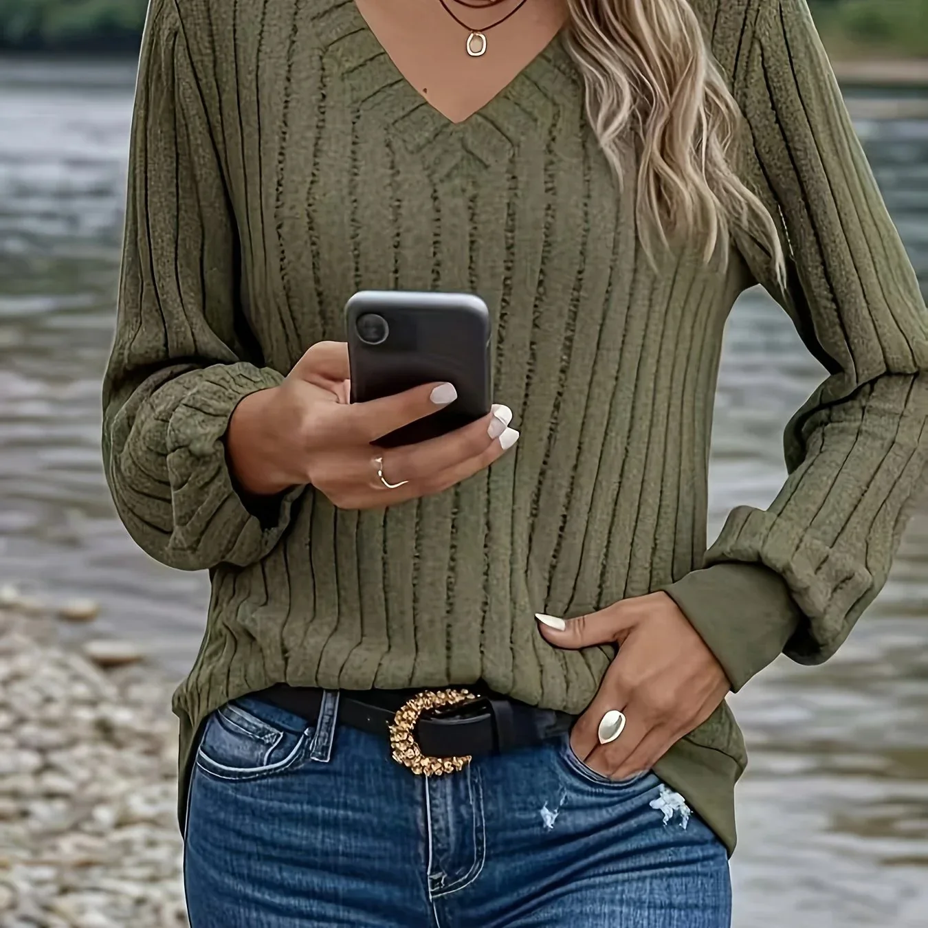 Women'S Cozy V-Neck Long Sleeve Sweater - Olive Green Ribbed, Loose Fit, Casual Style, Perfect for Fall/Winter, Casual Winter Wear|Vneck Sweater|Ribbed Texture - Image 18