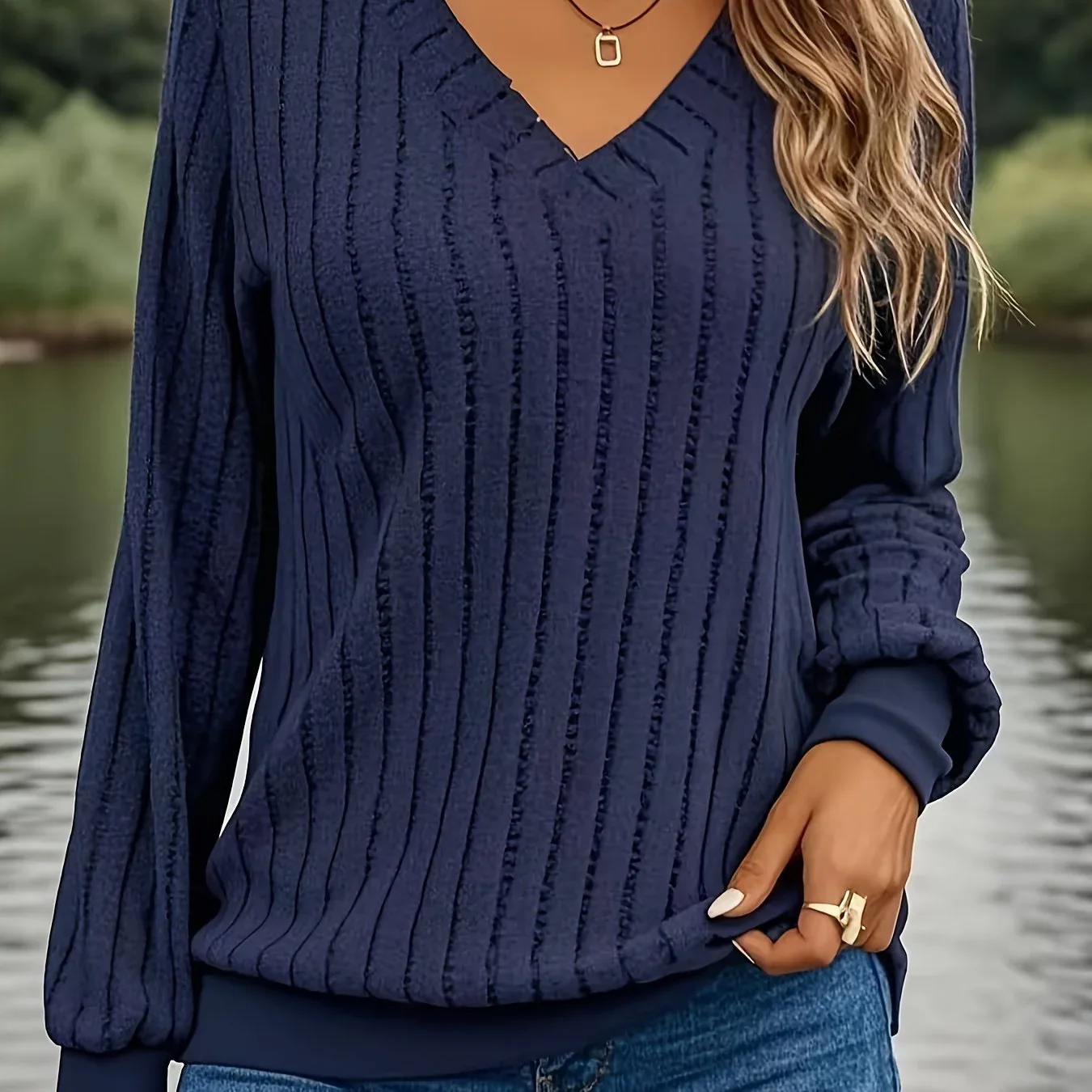 Women'S Cozy V-Neck Long Sleeve Sweater - Olive Green Ribbed, Loose Fit, Casual Style, Perfect for Fall/Winter, Casual Winter Wear|Vneck Sweater|Ribbed Texture - Image 19