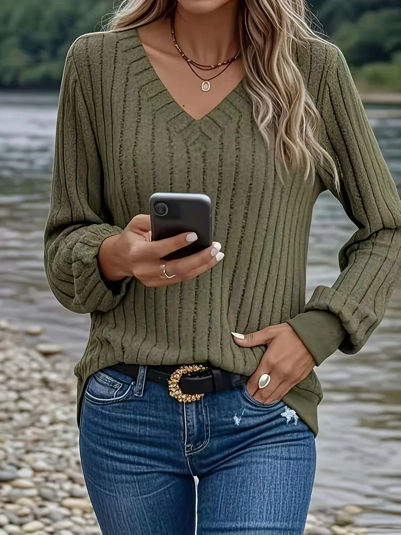 Women'S Cozy V-Neck Long Sleeve Sweater - Olive Green Ribbed, Loose Fit, Casual Style, Perfect for Fall/Winter, Casual Winter Wear|Vneck Sweater|Ribbed Texture - Image 2