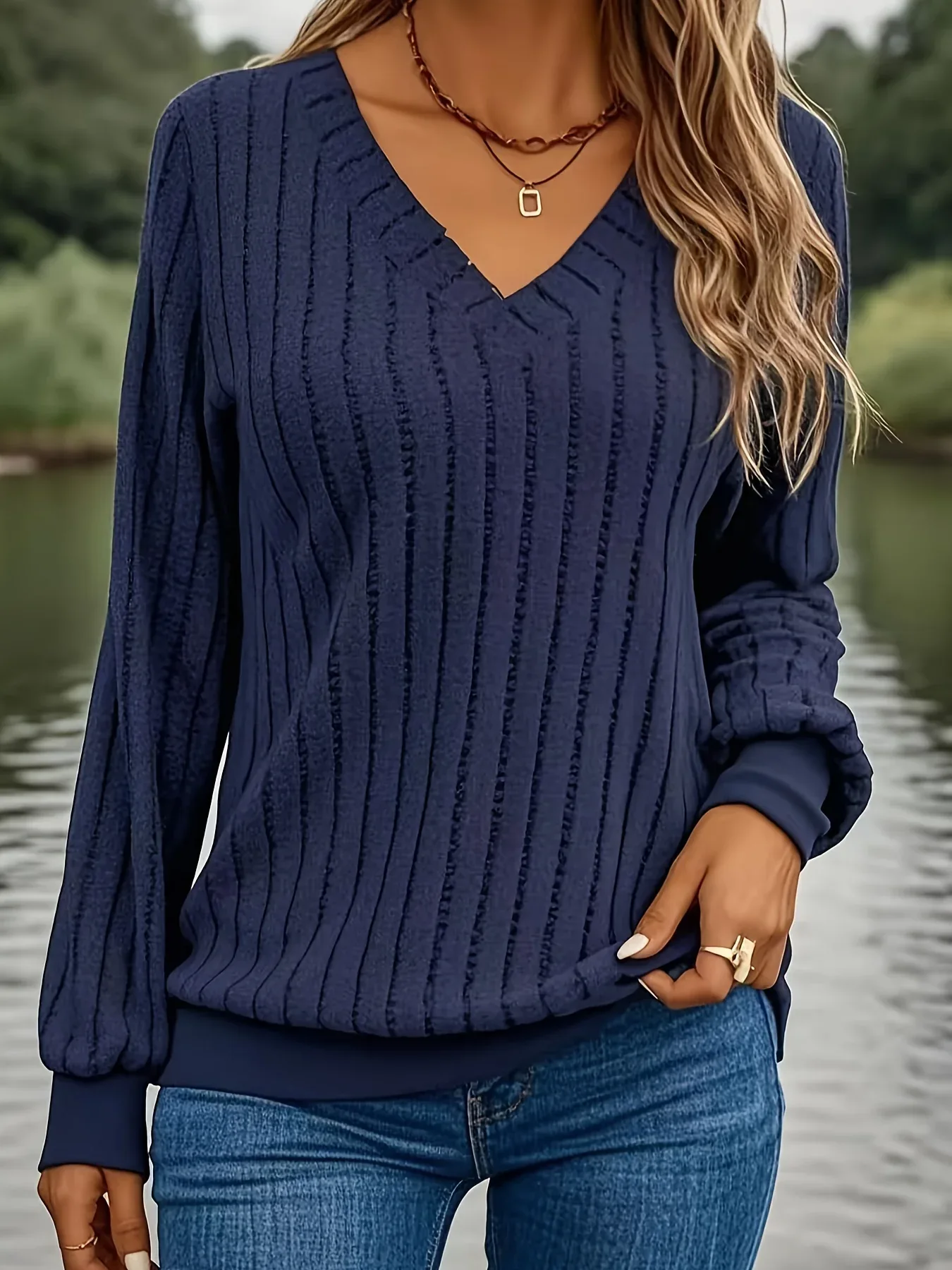 Women'S Cozy V-Neck Long Sleeve Sweater - Olive Green Ribbed, Loose Fit, Casual Style, Perfect for Fall/Winter, Casual Winter Wear|Vneck Sweater|Ribbed Texture - Image 3