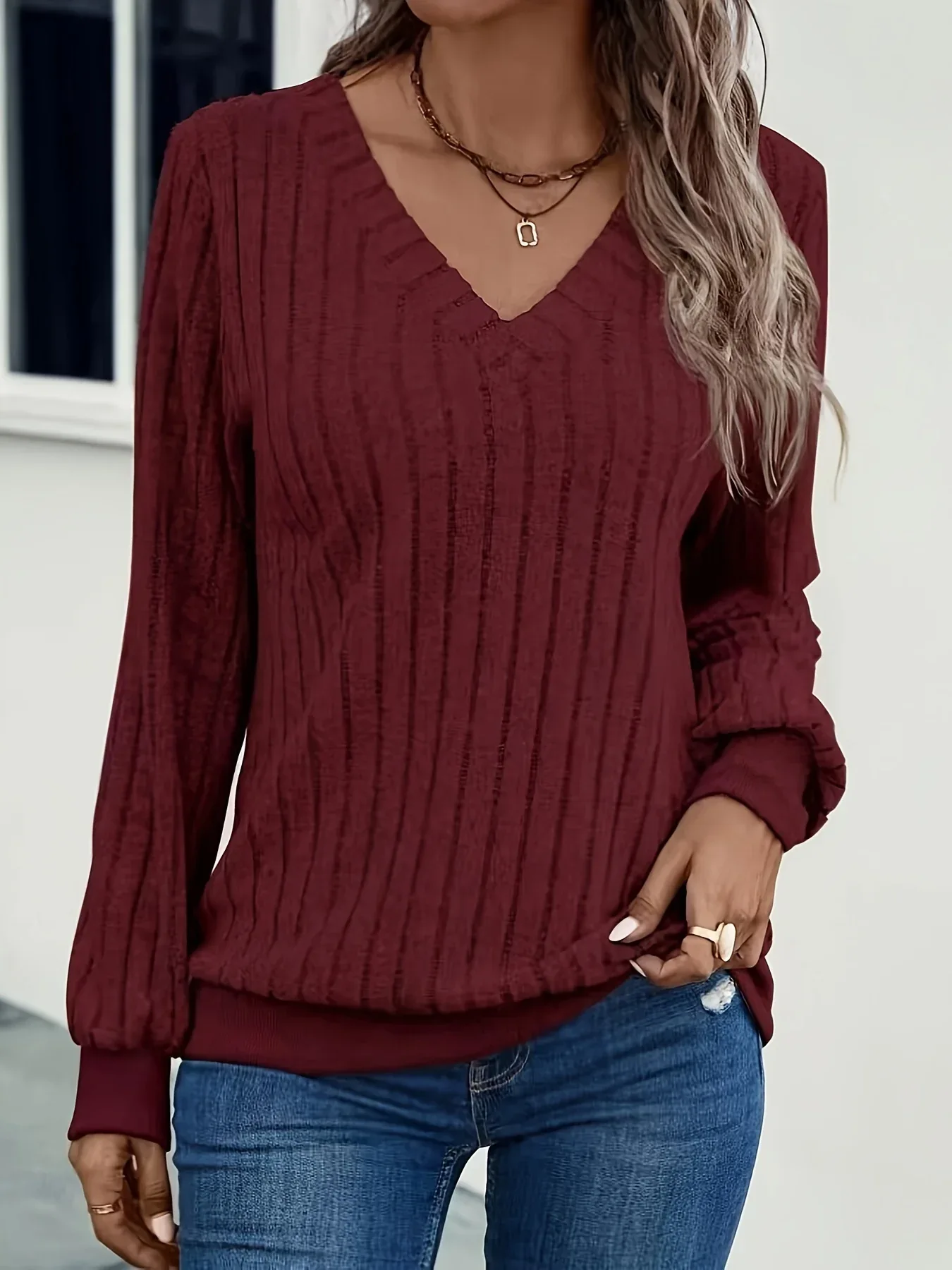 Women'S Cozy V-Neck Long Sleeve Sweater - Olive Green Ribbed, Loose Fit, Casual Style, Perfect for Fall/Winter, Casual Winter Wear|Vneck Sweater|Ribbed Texture - Image 4