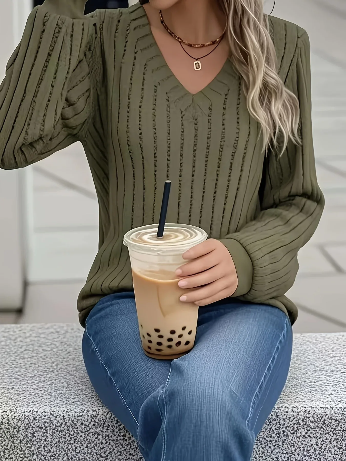 Women'S Cozy V-Neck Long Sleeve Sweater - Olive Green Ribbed, Loose Fit, Casual Style, Perfect for Fall/Winter, Casual Winter Wear|Vneck Sweater|Ribbed Texture - Image 5