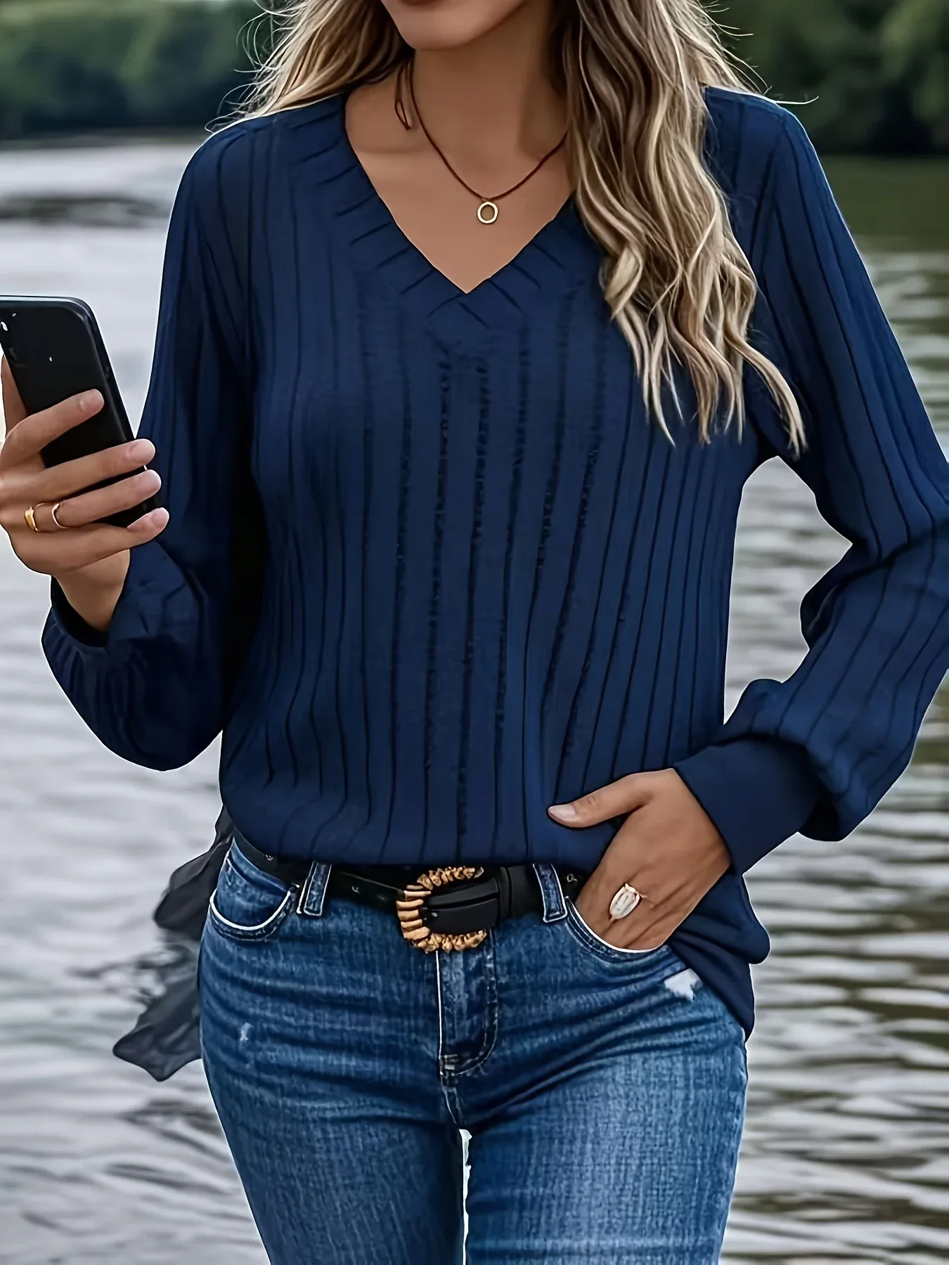 Women'S Cozy V-Neck Long Sleeve Sweater - Olive Green Ribbed, Loose Fit, Casual Style, Perfect for Fall/Winter, Casual Winter Wear|Vneck Sweater|Ribbed Texture - Image 6