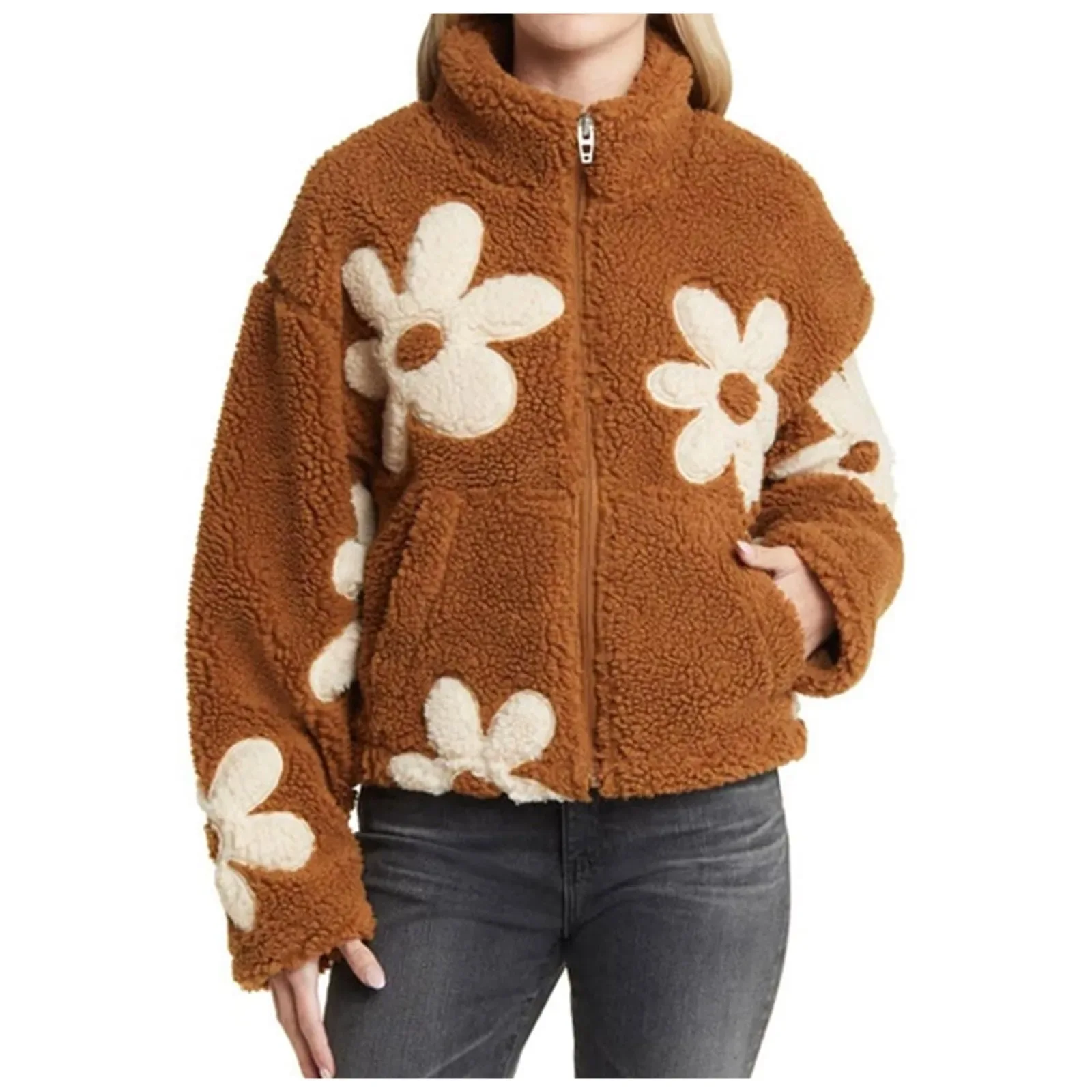 Womens Floral Fleece Jackets Winter Zipper Cropped Coat Casual Long Sleeve Outwear With Pockets Cute Plush Jacket For Women - Image 10