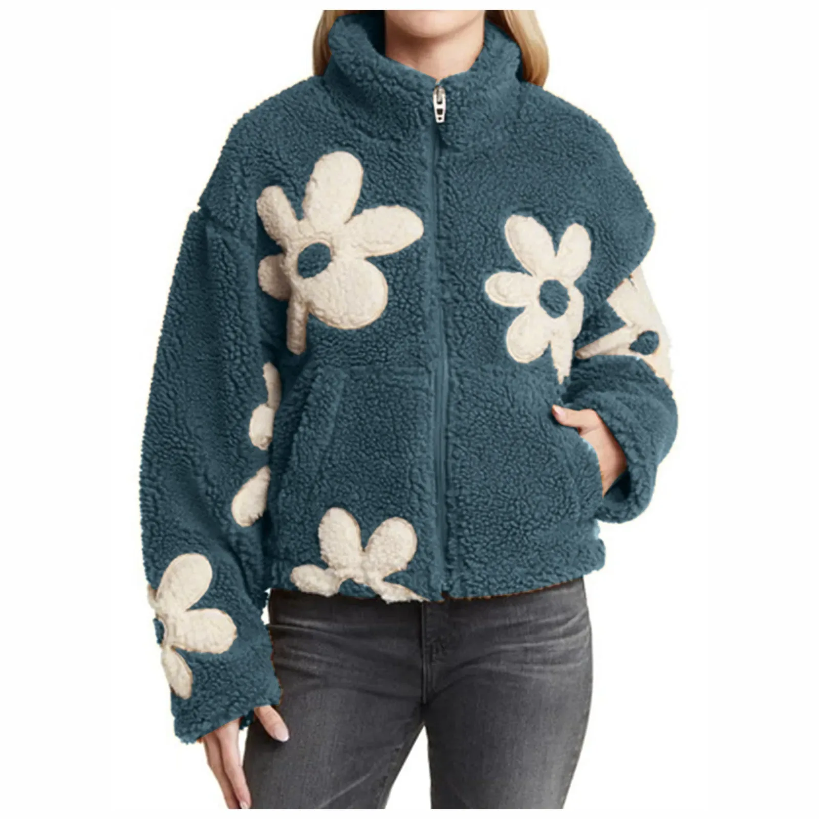 Womens Floral Fleece Jackets Winter Zipper Cropped Coat Casual Long Sleeve Outwear With Pockets Cute Plush Jacket For Women - Image 11