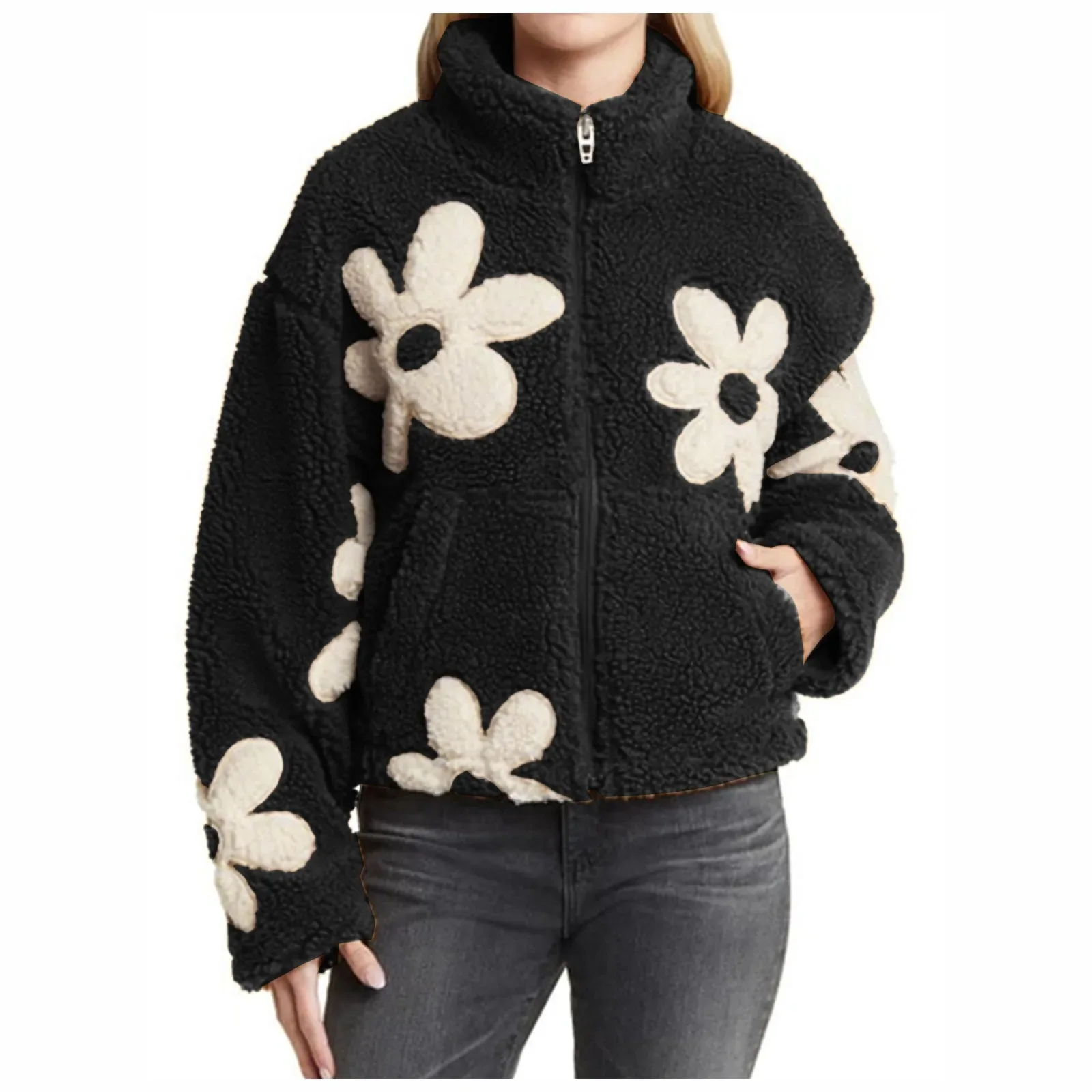 Womens Floral Fleece Jackets Winter Zipper Cropped Coat Casual Long Sleeve Outwear With Pockets Cute Plush Jacket For Women - Image 12