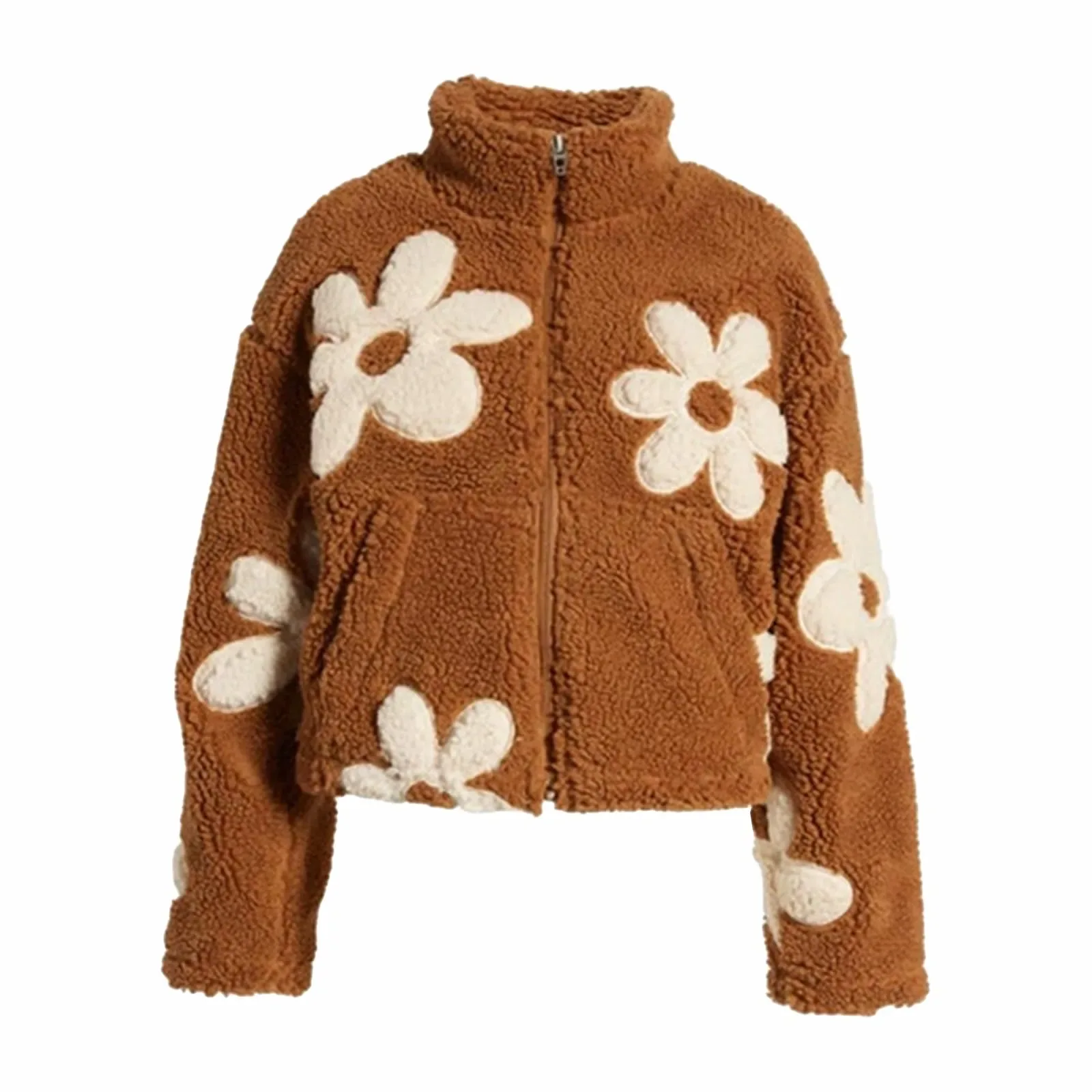 Womens Floral Fleece Jackets Winter Zipper Cropped Coat Casual Long Sleeve Outwear With Pockets Cute Plush Jacket For Women - Image 5