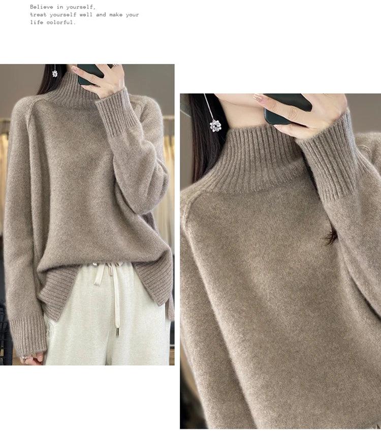 Women's High-Necked Cashmere Sweater 100% Soft Wool Thickened Lazy Raglan Sweater with Slit for Autumn Winter Comfortable Waxy W - Image 14