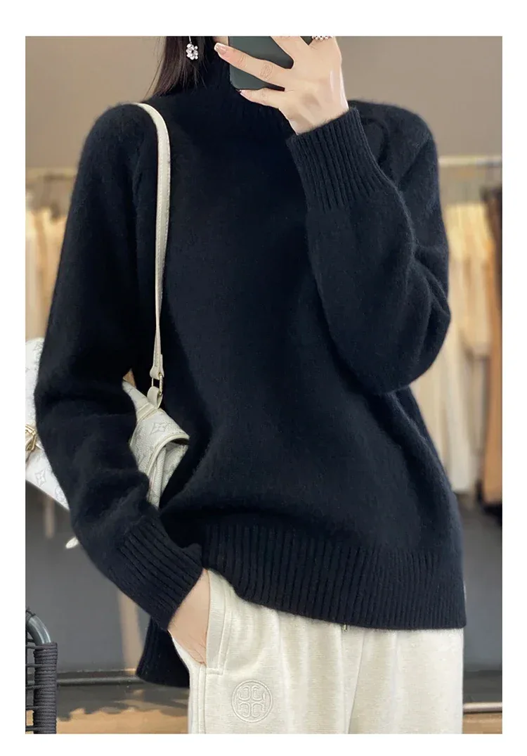 Women's High-Necked Cashmere Sweater 100% Soft Wool Thickened Lazy Raglan Sweater with Slit for Autumn Winter Comfortable Waxy W - Image 17