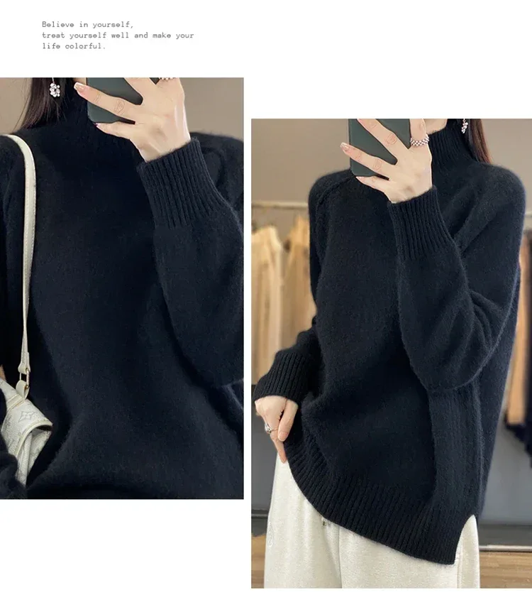 Women's High-Necked Cashmere Sweater 100% Soft Wool Thickened Lazy Raglan Sweater with Slit for Autumn Winter Comfortable Waxy W - Image 18