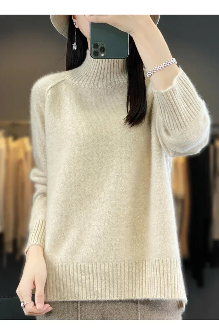 Women's High-Necked Cashmere Sweater 100% Soft Wool Thickened Lazy Raglan Sweater with Slit for Autumn Winter Comfortable Waxy W - Image 2