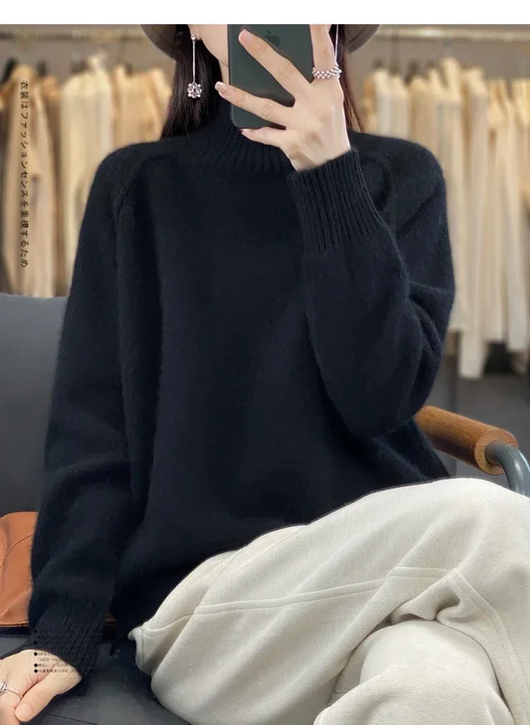 Women's High-Necked Cashmere Sweater 100% Soft Wool Thickened Lazy Raglan Sweater with Slit for Autumn Winter Comfortable Waxy W - Image 4