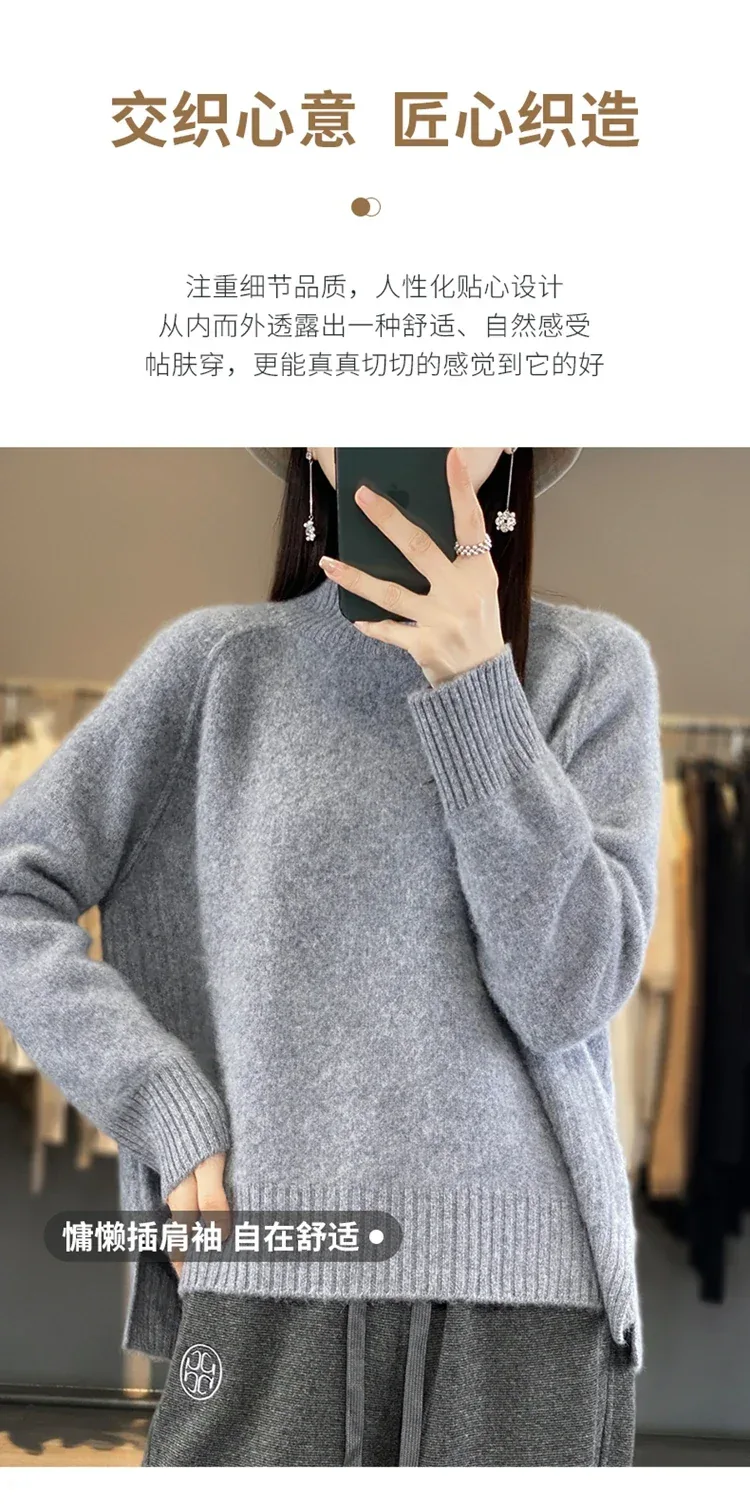 Women's High-Necked Cashmere Sweater 100% Soft Wool Thickened Lazy Raglan Sweater with Slit for Autumn Winter Comfortable Waxy W - Image 8