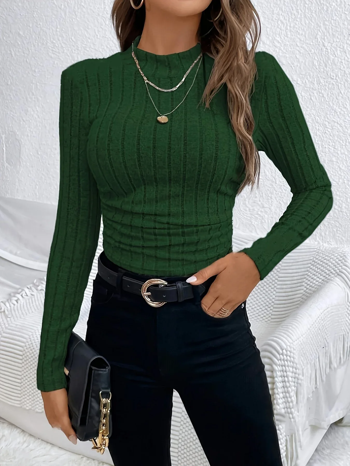 Ribbed High Neck Fitted Top - Image 28