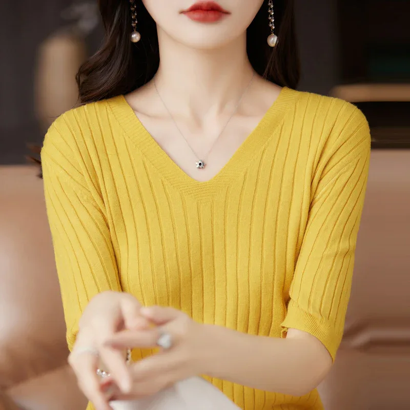 Women's Sweater Spring Summer Short Sleeve V-neck Knit Shirt Casual Korean Pullovers Stripe Bottoming Shirt Slim Fit Jumpers - Image 10