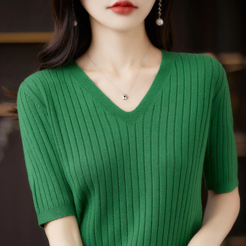Women's Sweater Spring Summer Short Sleeve V-neck Knit Shirt Casual Korean Pullovers Stripe Bottoming Shirt Slim Fit Jumpers - Image 11