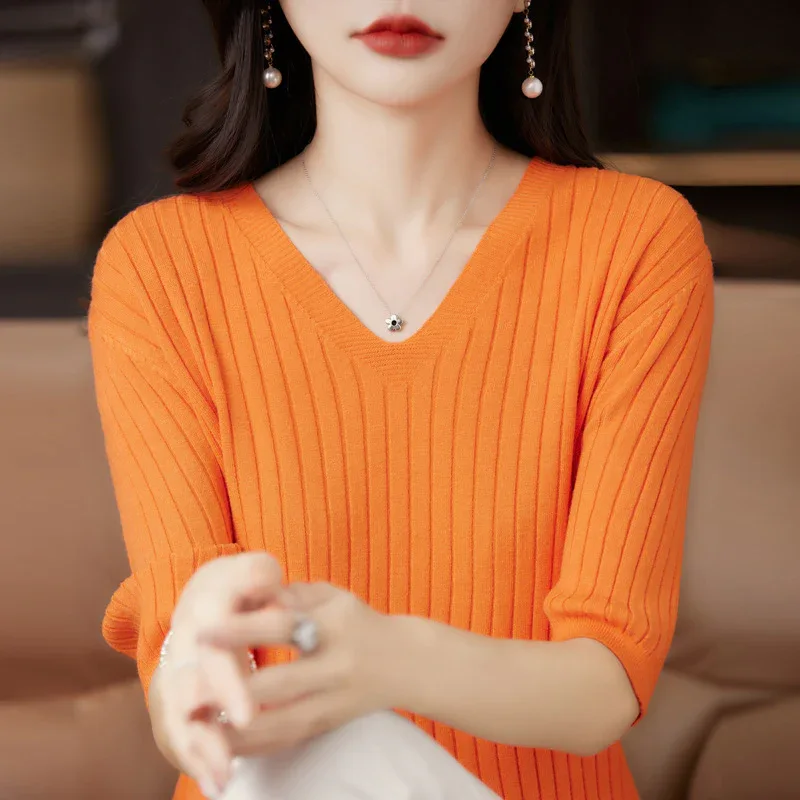 Women's Sweater Spring Summer Short Sleeve V-neck Knit Shirt Casual Korean Pullovers Stripe Bottoming Shirt Slim Fit Jumpers - Image 12