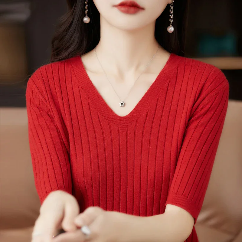 Women's Sweater Spring Summer Short Sleeve V-neck Knit Shirt Casual Korean Pullovers Stripe Bottoming Shirt Slim Fit Jumpers - Image 14